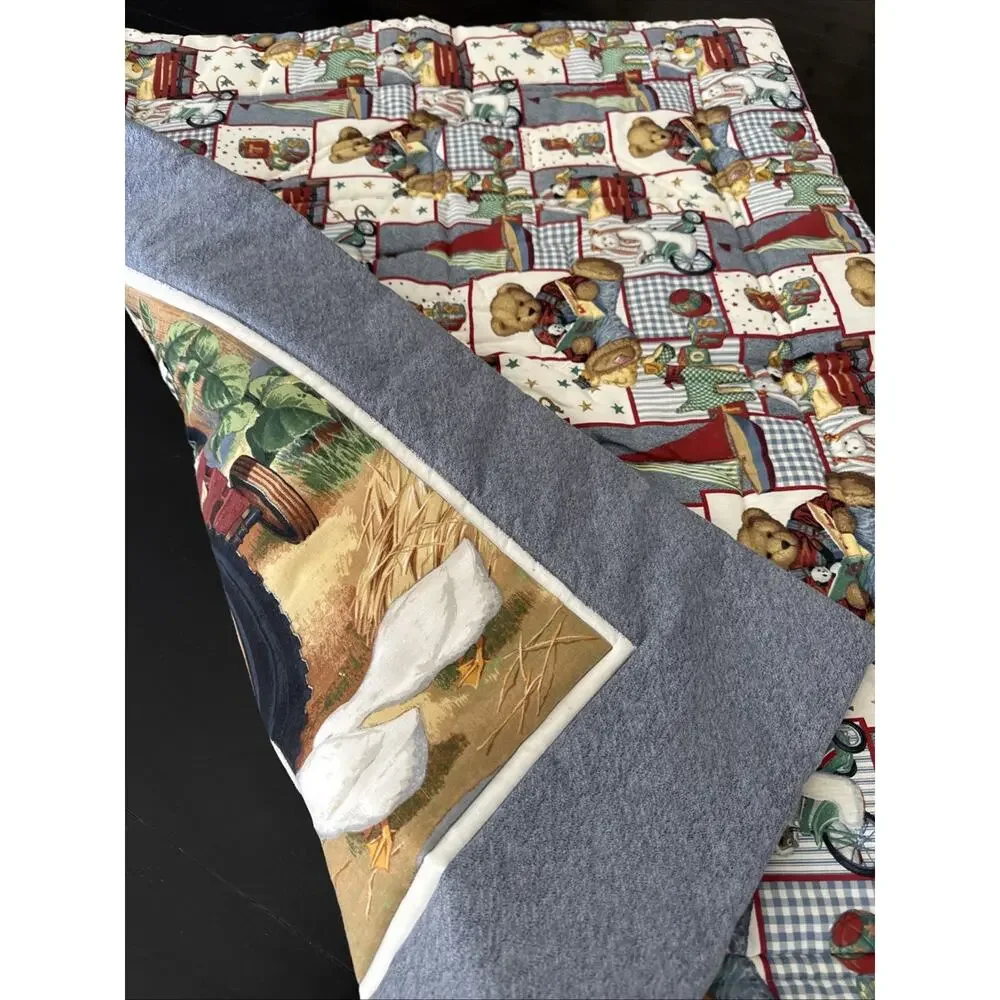 Blue Jean Teddy Tractor Barn Farm Duck Bunny Quilt Blanket Comforter Baby 41x33